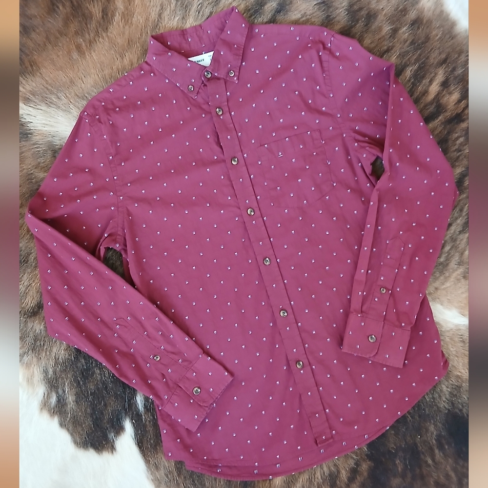 Old Navy Men's Long-Sleeve Burgundy Button-Down Shirt with Micro Dot Print
